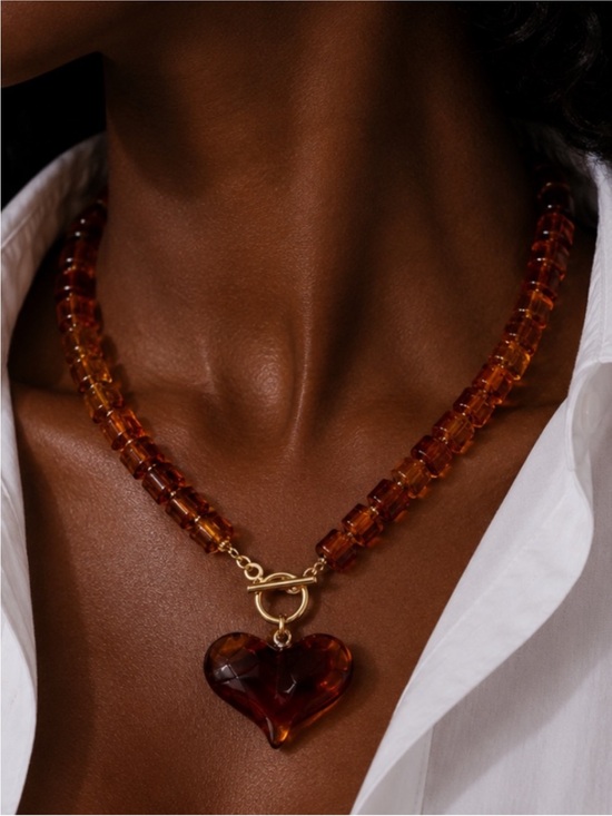 Jewelry - New! Amber Lucite Heart Beaded Necklace (2010) NWOT